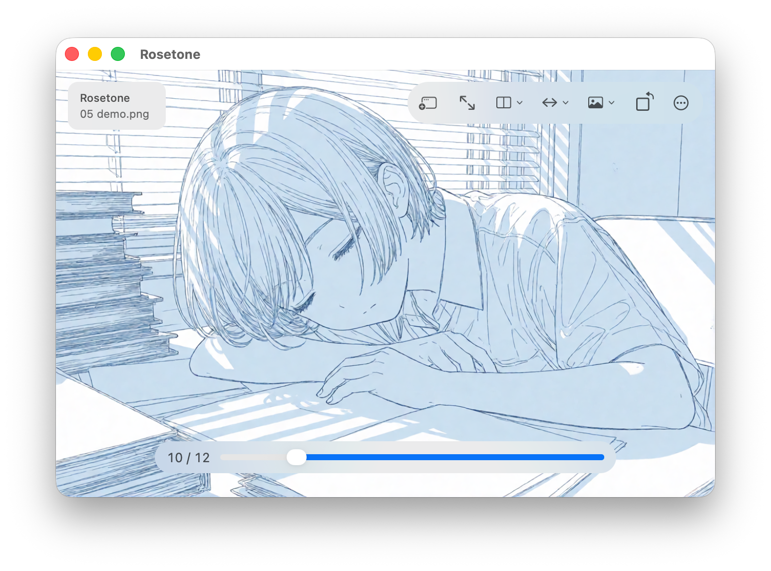 Fenêtre Rosetone affichant une page simple, avec la barre d'outils flottante et le curseur de page